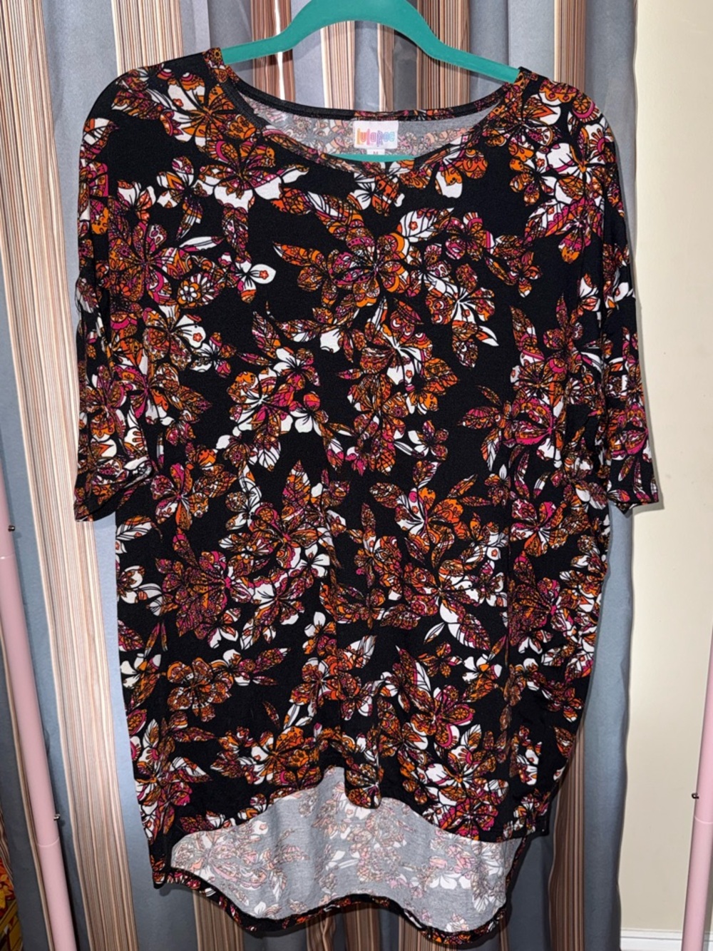LuLaRoe Irma Black Tunic Top with Pink, Orange & White Floral Print - Size M